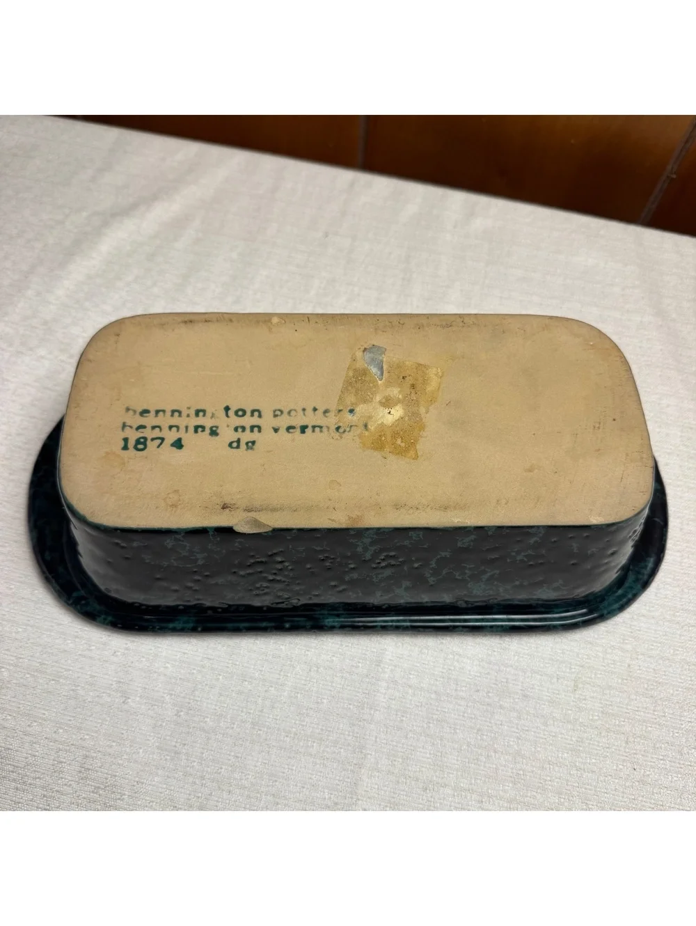 Vintage Bennington Potters #1874 Loaf Pan Black On Green Agate Stoneware Baker